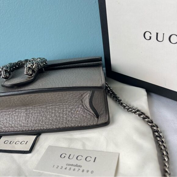 GUCCI Grey Leather Flap Dionysus Mini Chain SoHo Disco Dollar Crossbody + Box - Picture 10 of 14